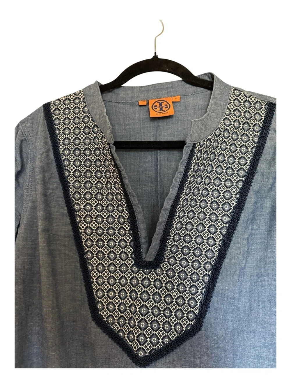 Tory Burch Embroidered Chambray Tunic, white geometric embroidery, V-neck , 14